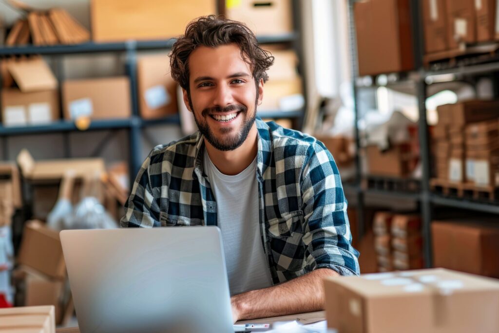 Ein Mann sitzt in einem Warenlager vor einem Laptop und lächelt