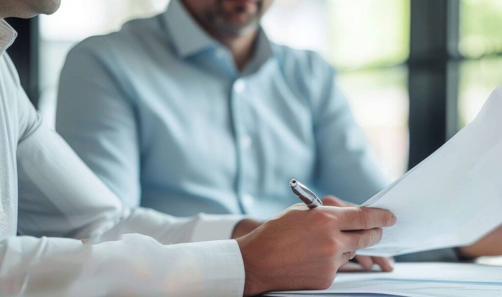 Zwei Personen in Oberhemden sitzen mit Papieren in der Hand an einem Tisch und diskutieren die Fünftelregelung bei Abfindungen. Einer hält einen Stift in der Hand und scheint in dieses entscheidende Meeting vertieft zu sein. Der Hintergrund ist leicht verschwommen und lässt auf eine gut beleuchtete Büroumgebung schließen.