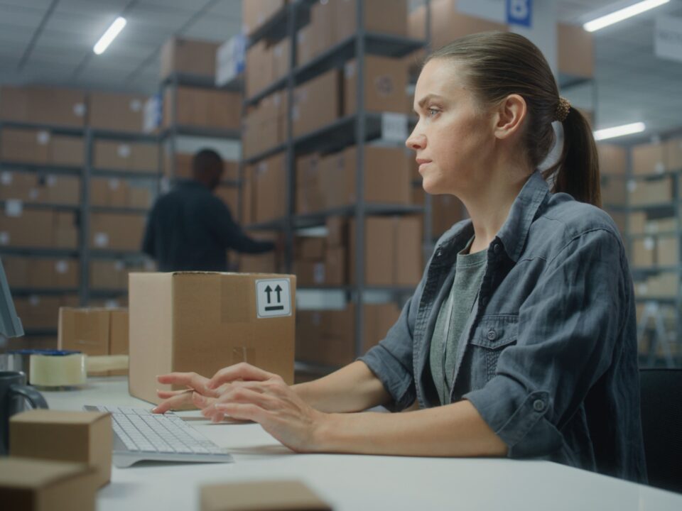 Frau arbeitet am Computer in einem Lager mit Kisten und Regalen voller Pakete; eine weitere Person ist zwischen den Regalen zu sehen.