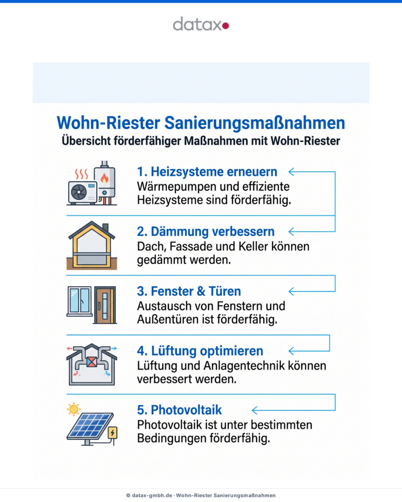Infografik: Förderfähige Sanierungsmaßnahmen mit Wohn-Riester