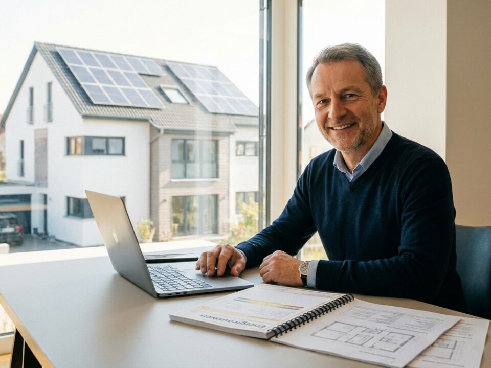Hausbesitzer prüft Fördermöglichkeiten für energetische Sanierung mit Wohn-Riester am Laptop