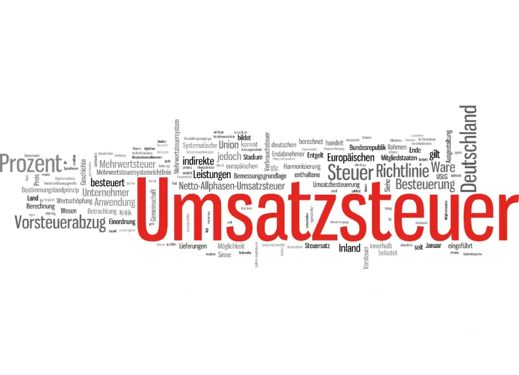 Wordcloud mit großem „Umsatzsteuer“ in Rot und dahinter viele steuerliche Aspekte wie Steuerrichtlinie, Prozente, Vorsteuerabzug und mehr kleiner und in Schwarz, die alle beim Verkauf über den TikTok Shop wichtig sind.
