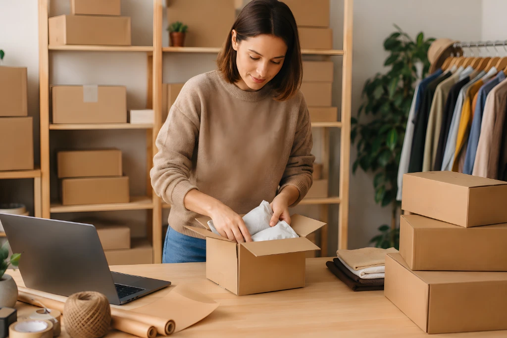 Eine Frau packt einen Karton mit Kleidungsstücken, die sich offensichtlich als Onlinehändlerin versendet.
