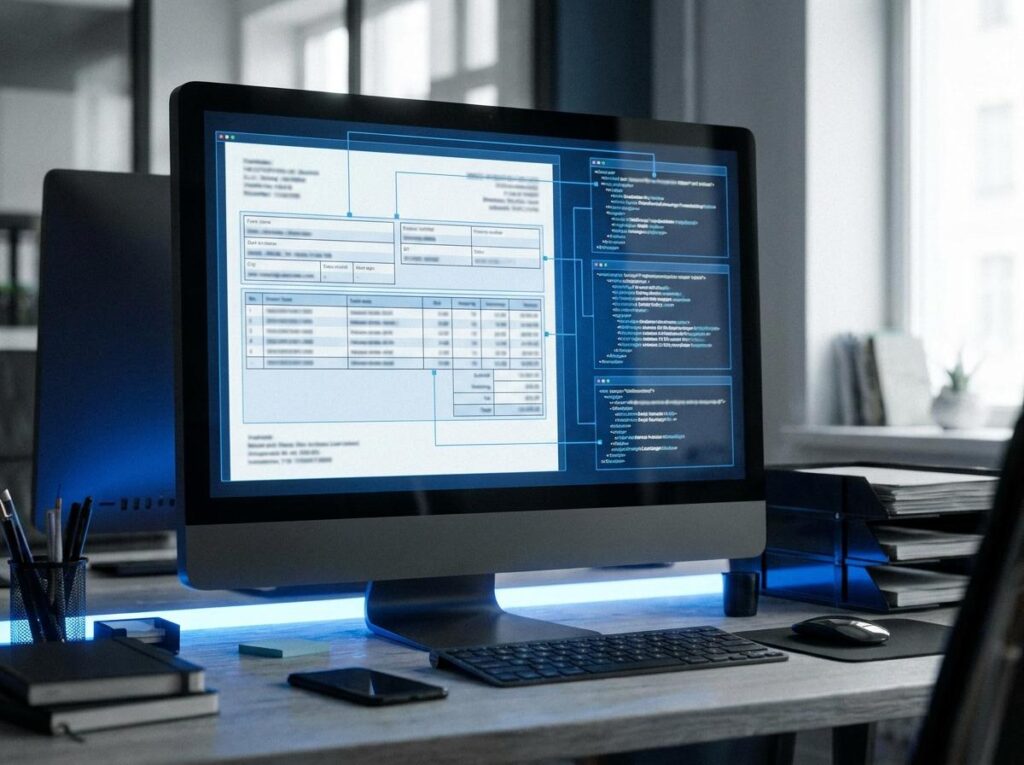 Bildschirm zeigt Datenmapping einer elektronischen Rechnung für den Vergleich strukturierter Formate