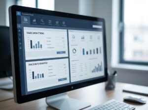 Geschäfts-Dashboard mit Grafiken zu Verkaufsabzügen und gewährten Rabatten, die steuerliche Sonderfälle darstellen.