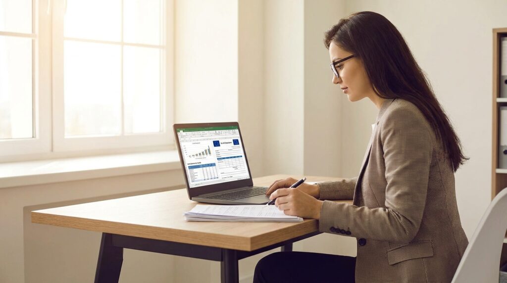 Eine Frau analysiert konzentriert Daten auf ihrem Laptop und macht Notizen, um eine präzise zusammenfassende Meldung zu erstellen.