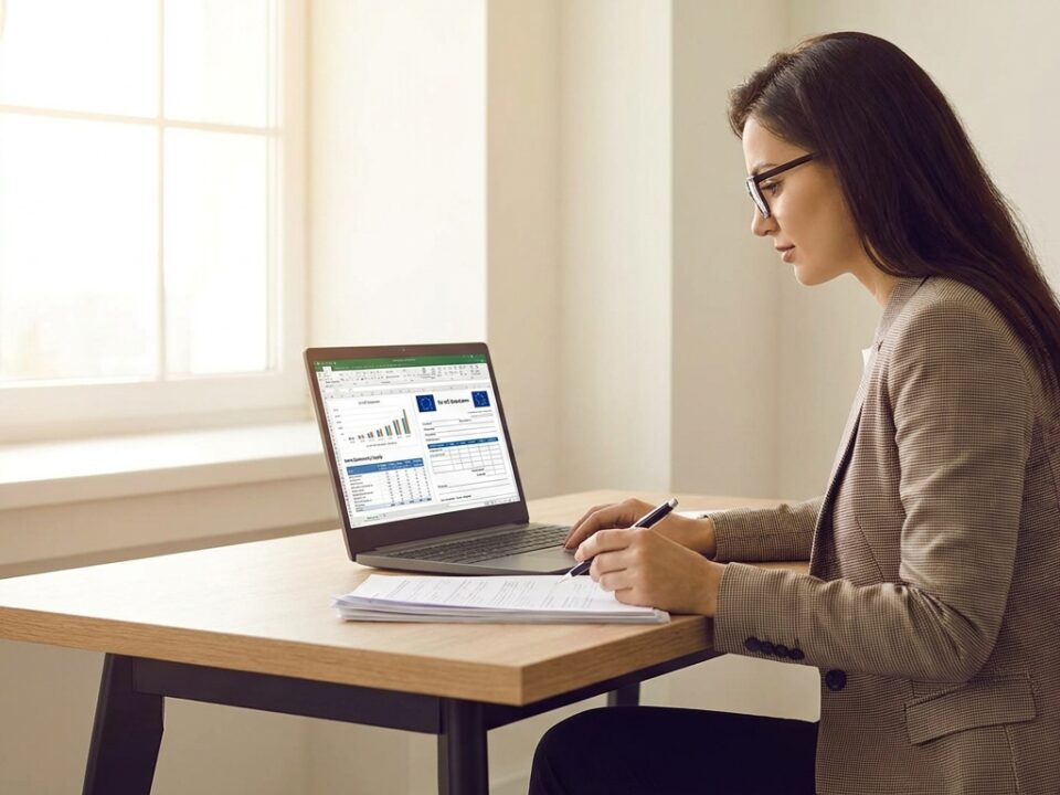 Eine Frau analysiert konzentriert Daten auf ihrem Laptop und macht Notizen, um eine präzise zusammenfassende Meldung zu erstellen.