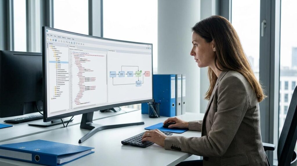 Unternehmerin prüft eine strukturierte E-Rechnung im XRechnung-Format am Bildschirm