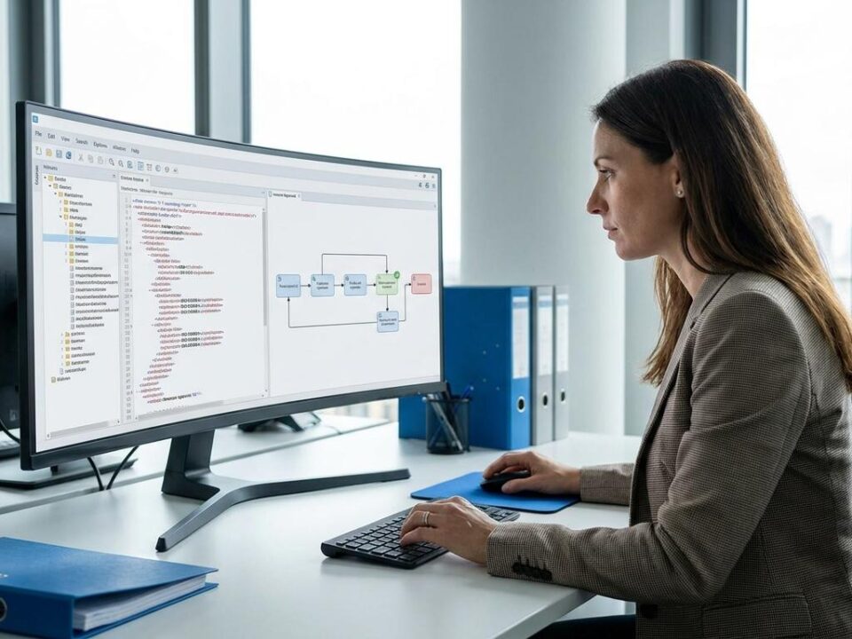 Unternehmerin prüft eine strukturierte E-Rechnung im XRechnung-Format am Bildschirm